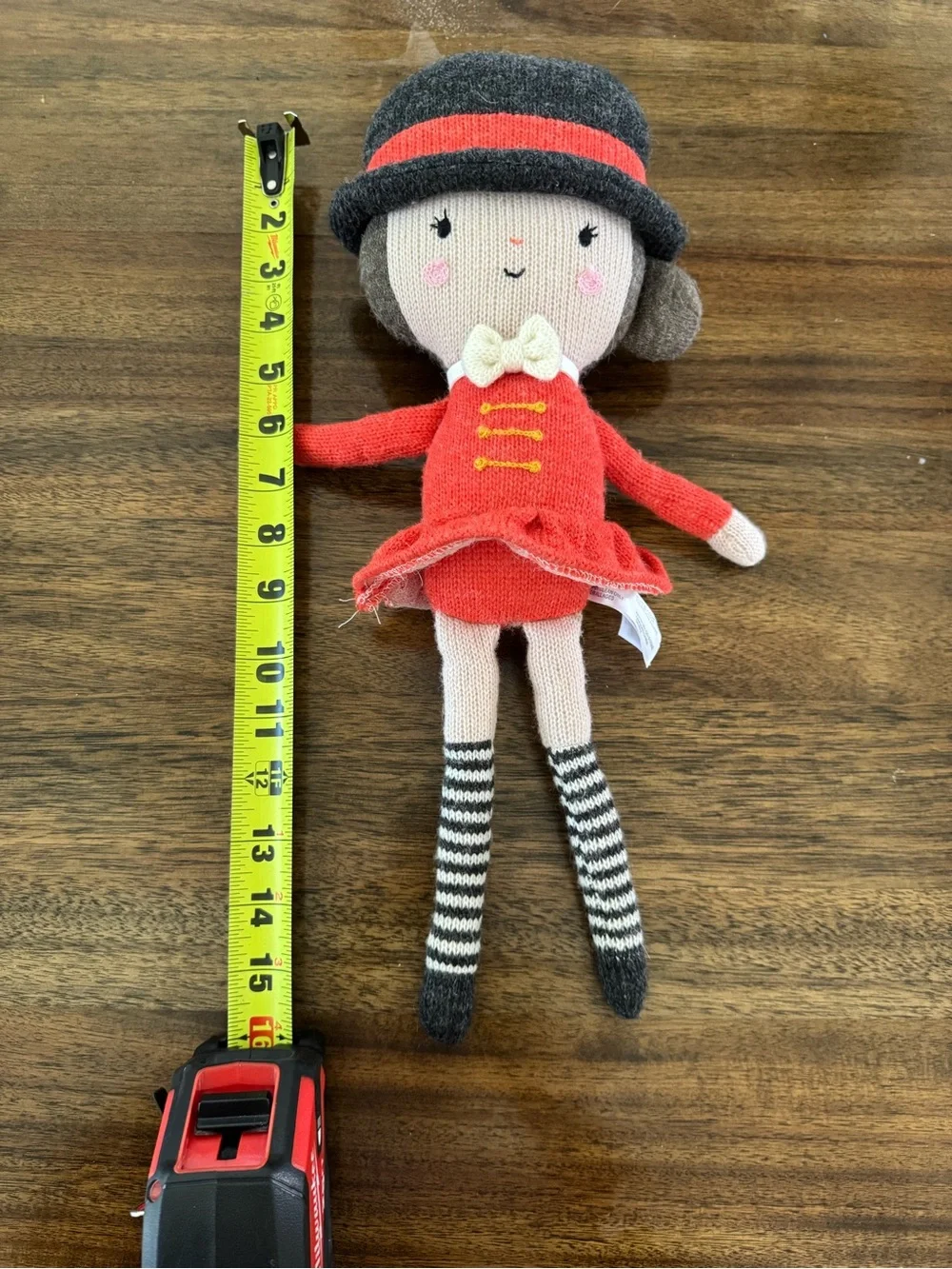 Anthropologie Red Knit Doll with Gray Hat and Striped Legs